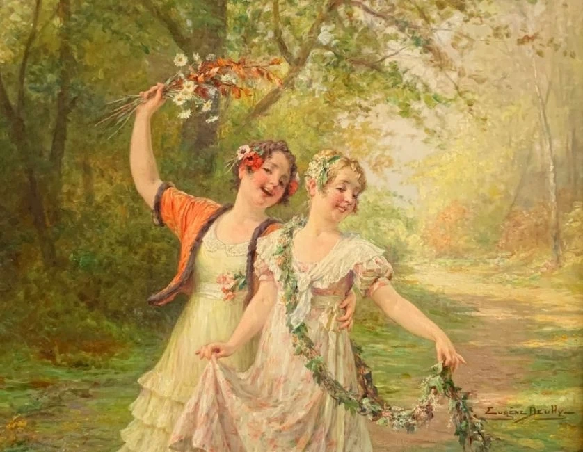 Eugène Auguste François Deully - Due ragazze felici ai margini inondati di luce della foresta